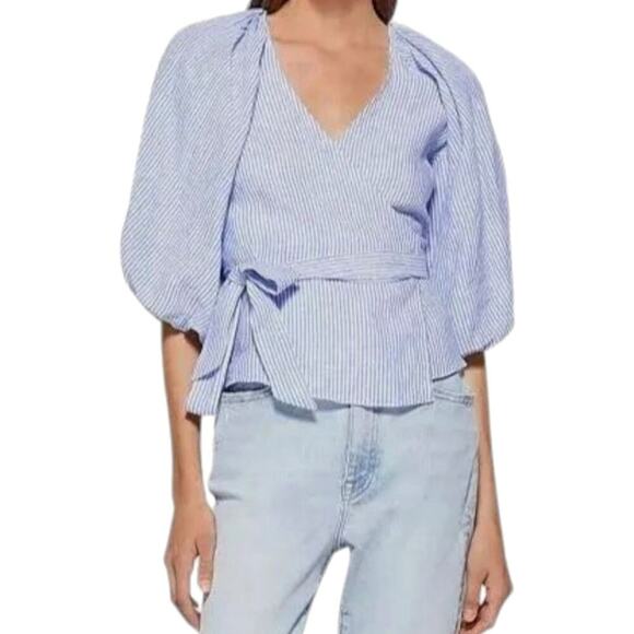 Jonathan Simkhai Tops - Jonathan Simkhai Puff Sleeve Linen Wrap Shirt Cove Stripe